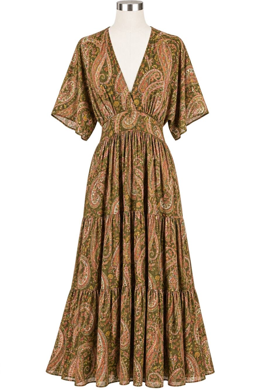 Zara Green Paisley Tiered Midi Boho V-Neck Maxi Dress - Size XL